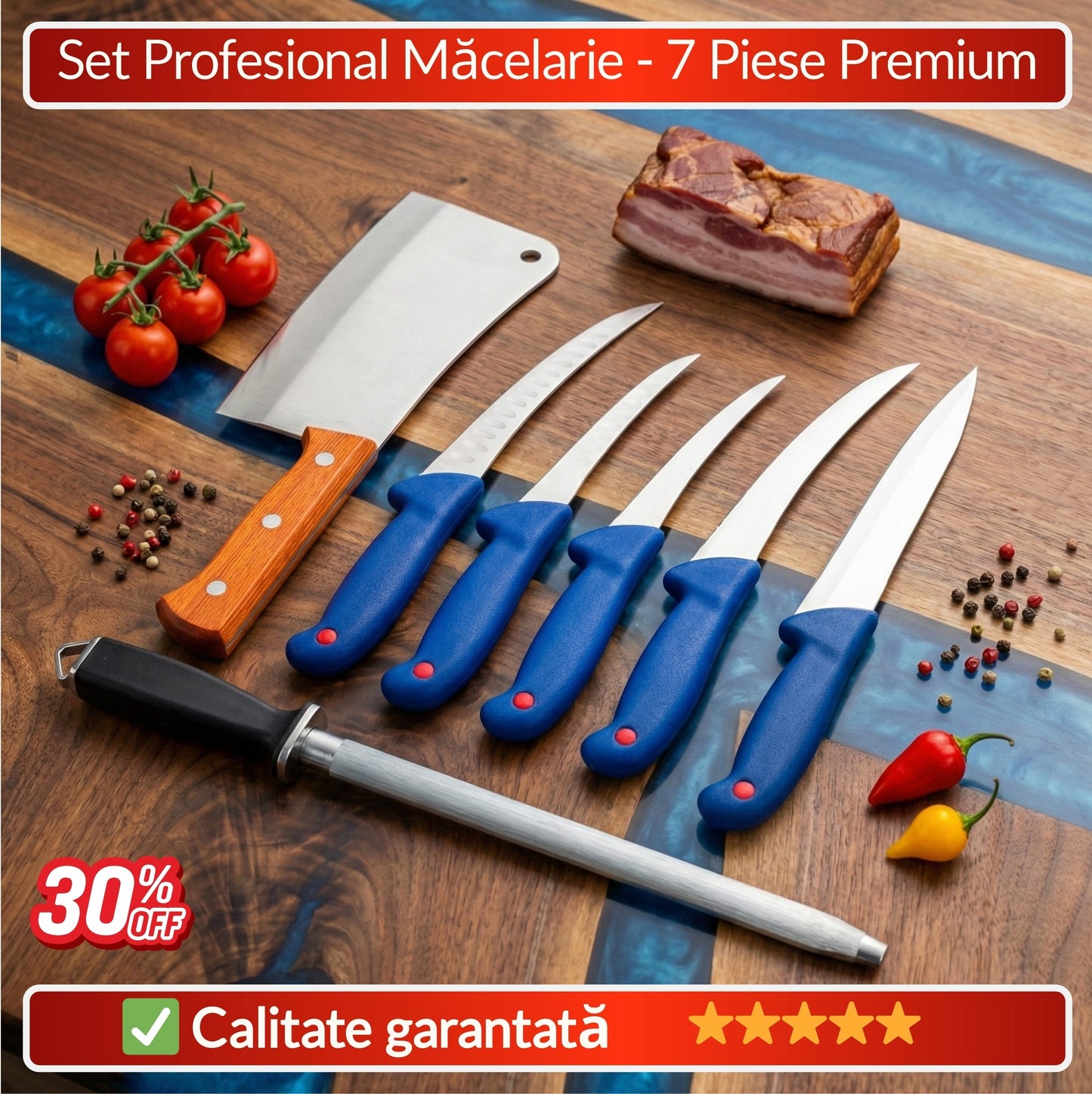Set 7 Piese Cutite Macelarie Profesionale Premium